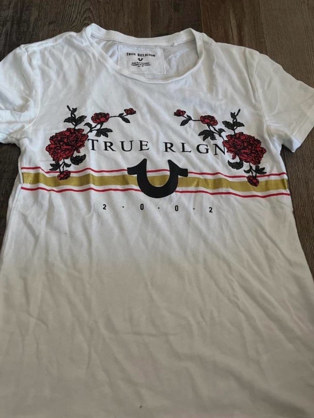 True Religion White Tee with Red Floral & Gold Stripe